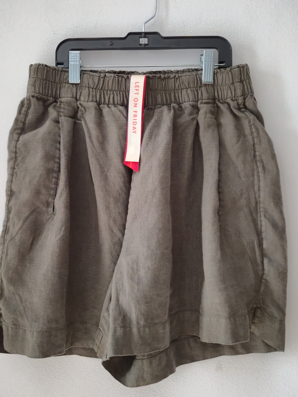 Left On Friday Olive Green Linen Paperbag Waist Summer Beach Shorts